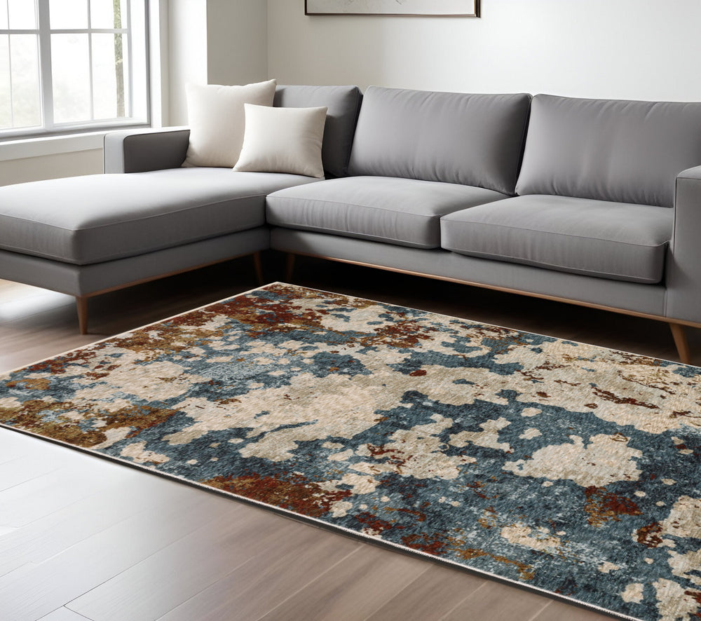 Homeroots 5' Elegant Beige And Teal Abstract Distressed Area Rug With Fringe For Stylish Home Decor 10' X 13' Polyester 574750