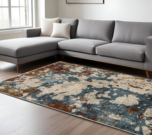 Homeroots 5' Elegant Beige And Teal Abstract Distressed Area Rug With Fringe For Stylish Home Decor 10' X 13' Polyester 574750