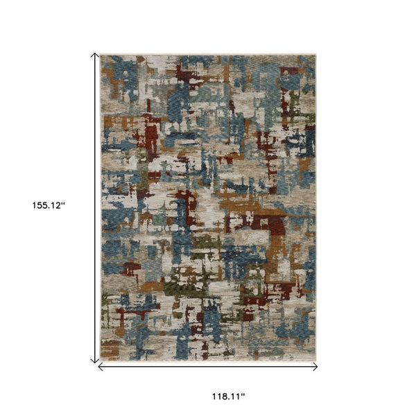 HomeRoots 10' Abstract Distressed Area Rug in Beige with Rust and Teal Hues, Fringe Edges for Timeless Charm 10' X 13' 574754