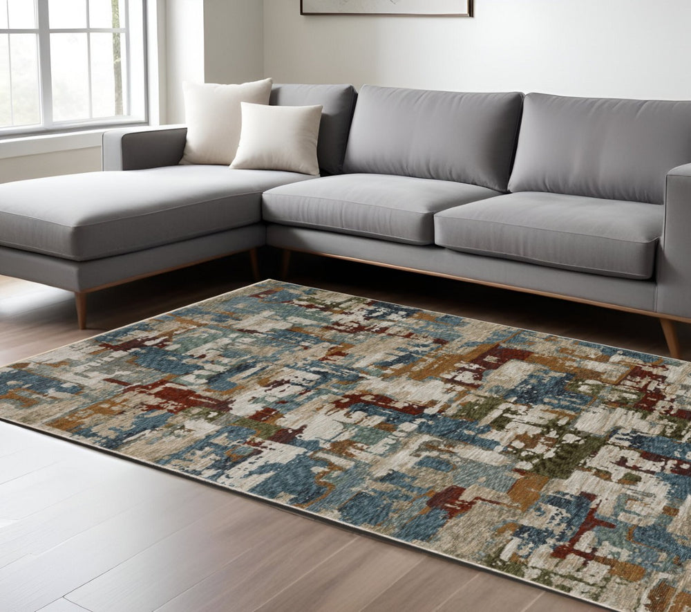 HomeRoots 10' Abstract Distressed Area Rug in Beige with Rust and Teal Hues, Fringe Edges for Timeless Charm 10' X 13' 574754