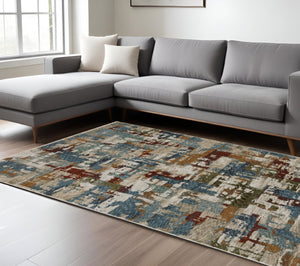 HomeRoots 10' Abstract Distressed Area Rug in Beige with Rust and Teal Hues, Fringe Edges for Timeless Charm 7' X 10' 574755