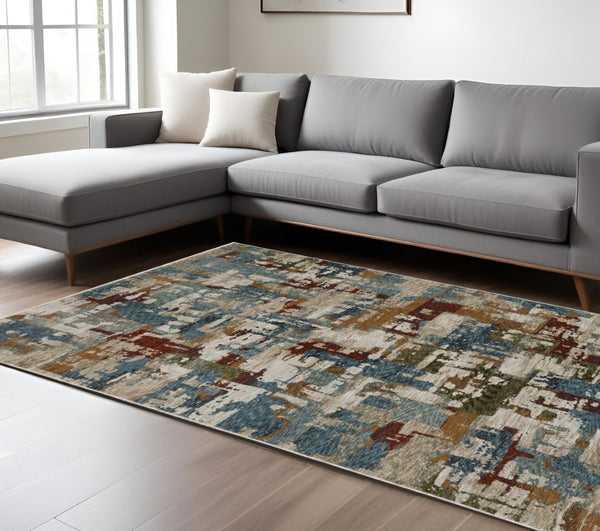 HomeRoots 10' Abstract Distressed Area Rug in Beige with Rust and Teal Hues, Fringe Edges for Timeless Charm 7' X 10' 574755