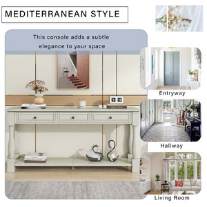 English Elm Trexm Distressed Entryway Console Table Three Drawers Open Shelf Mediterranean Wood Antique White N715P372052K