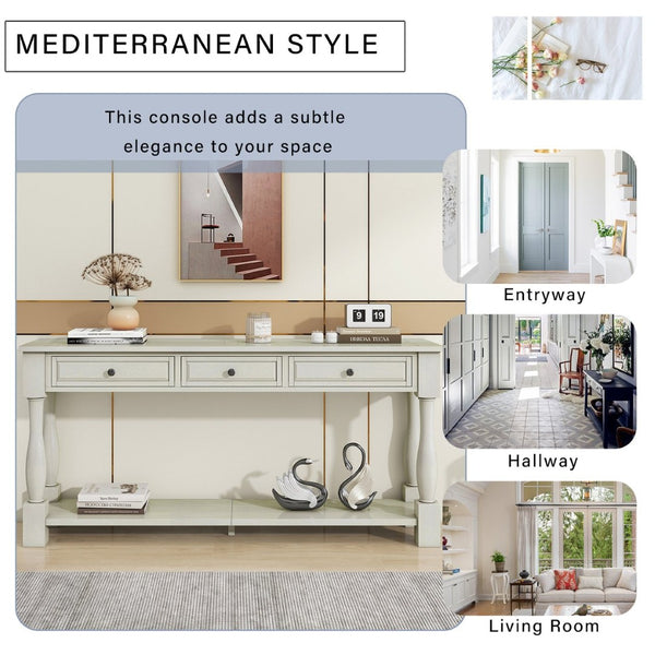 English Elm Trexm Distressed Entryway Console Table Three Drawers Open Shelf Mediterranean Wood Antique White N715P372052K