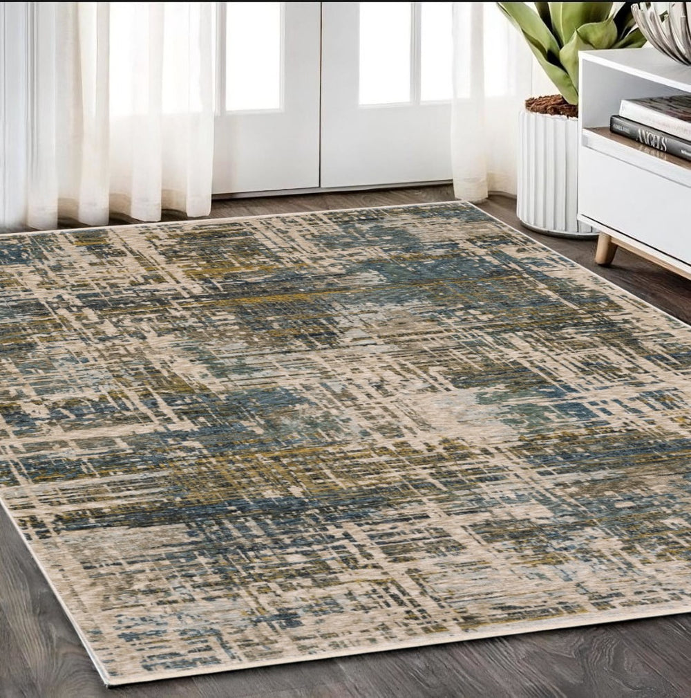 HomeRoots 5' Blue and Gold Abstract Distressed Area Rug with Stylish Fringe for Modern Living Spaces 5' X 8' 574765