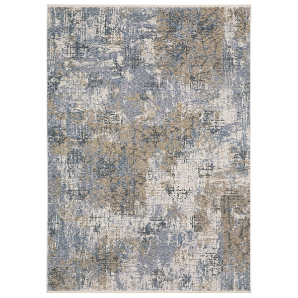 HomeRoots 5' Abstract Distressed Area Rug in Beige and Blue – Vintage-Inspired Design with Elegant Fringe 5' X 8' 574769