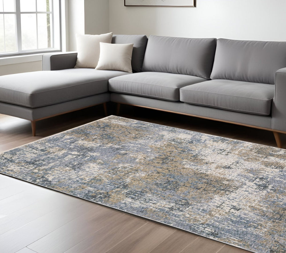 HomeRoots 5' Abstract Distressed Area Rug in Beige and Blue – Vintage-Inspired Design with Elegant Fringe 10' X 13' 574770