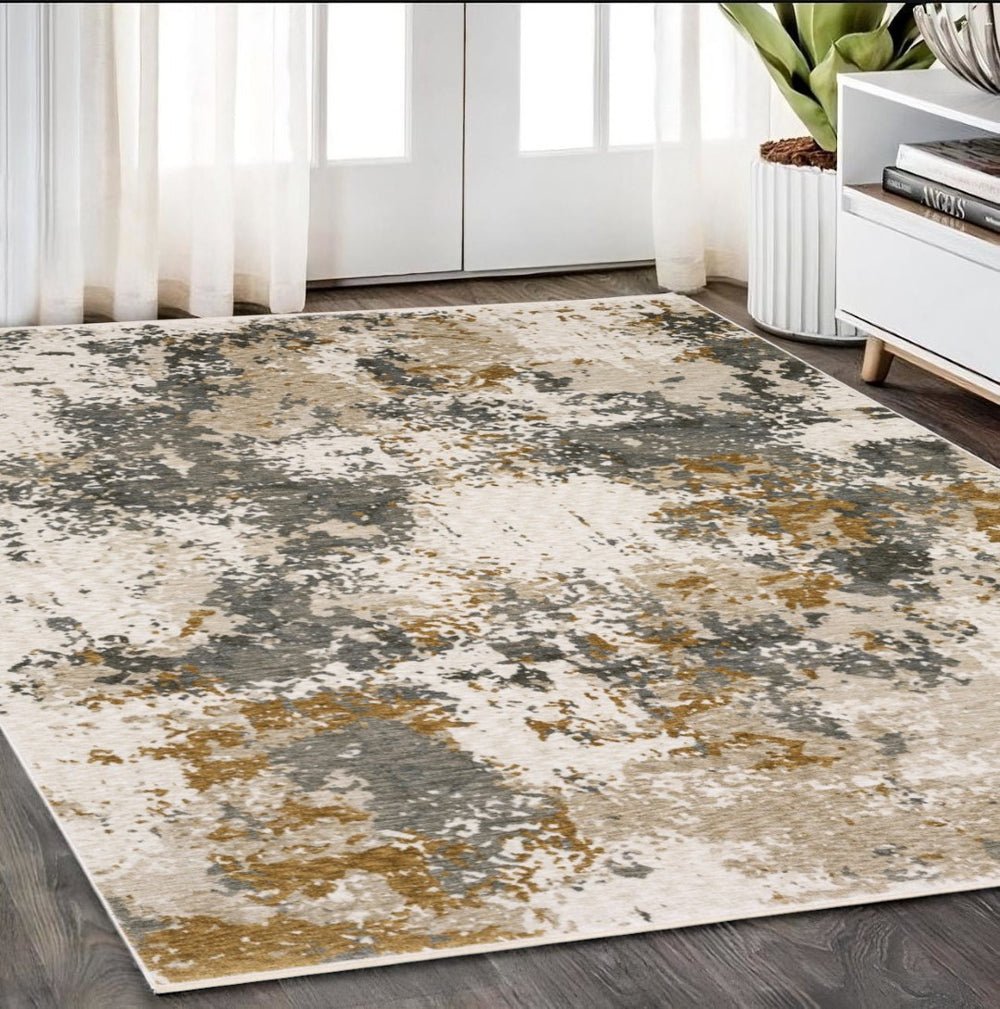 HomeRoots 5' Contemporary Beige and Gray Abstract Area Rug with Fringe – Stylish, Durable, and Versatile Design 5' X 8' 574777
