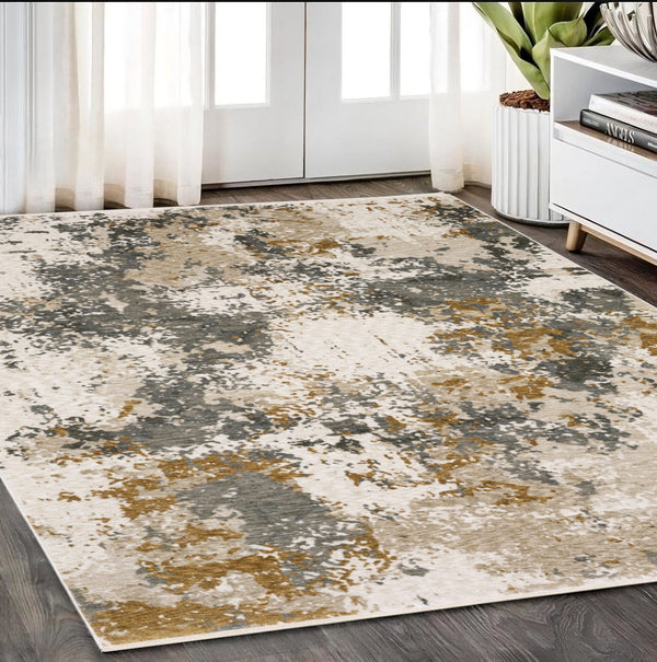 Homeroots 5' Abstract Beige And Gray Area Rug With Fringe - Stylish, Stain-resistant Design For Any Decor 5' X 8' Polyester 574777