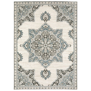 HomeRoots 10' Brown and Blue Medallion Area Rug - Stain-Resistant, Durable, Perfect for Family Spaces 7'10" x 10'10" 574782