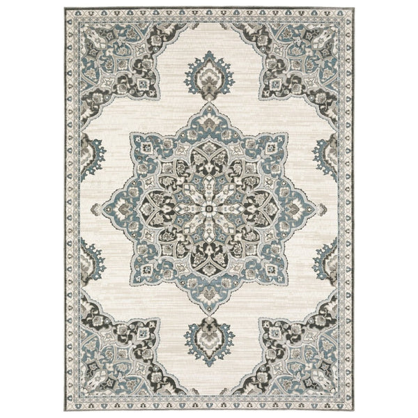 HomeRoots 10' Brown and Blue Medallion Area Rug - Stain-Resistant, Durable, Perfect for Family Spaces 7'10" x 10'10" 574782