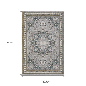 HomeRoots 5' Classic Brown and Blue Medallion Area Rug - Durable, Stain-Resistant Design for High-Traffic Areas 5' X 8' 574783