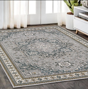 HomeRoots 5' Classic Brown and Blue Medallion Area Rug - Durable, Stain-Resistant Design for High-Traffic Areas 5' X 8' 574783