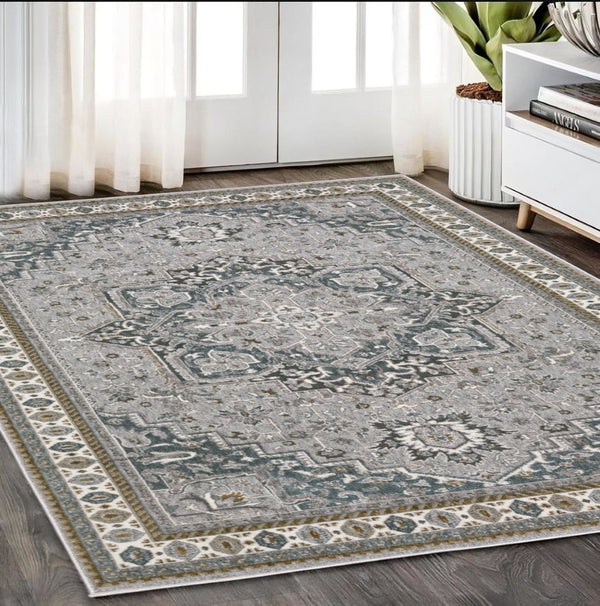 HomeRoots 5' Classic Brown and Blue Medallion Area Rug - Durable, Stain-Resistant Design for High-Traffic Areas 5' X 8' 574783