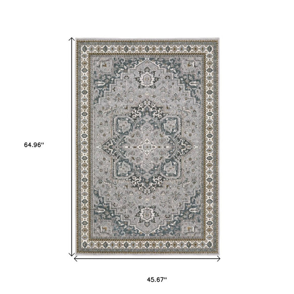 HomeRoots 5' Classic Brown and Blue Medallion Area Rug - Durable, Stain-Resistant Design for High-Traffic Areas 4' X 6' 574785
