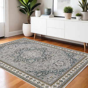 HomeRoots 5' Classic Brown and Blue Medallion Area Rug - Durable, Stain-Resistant Design for High-Traffic Areas 4' X 6' 574785