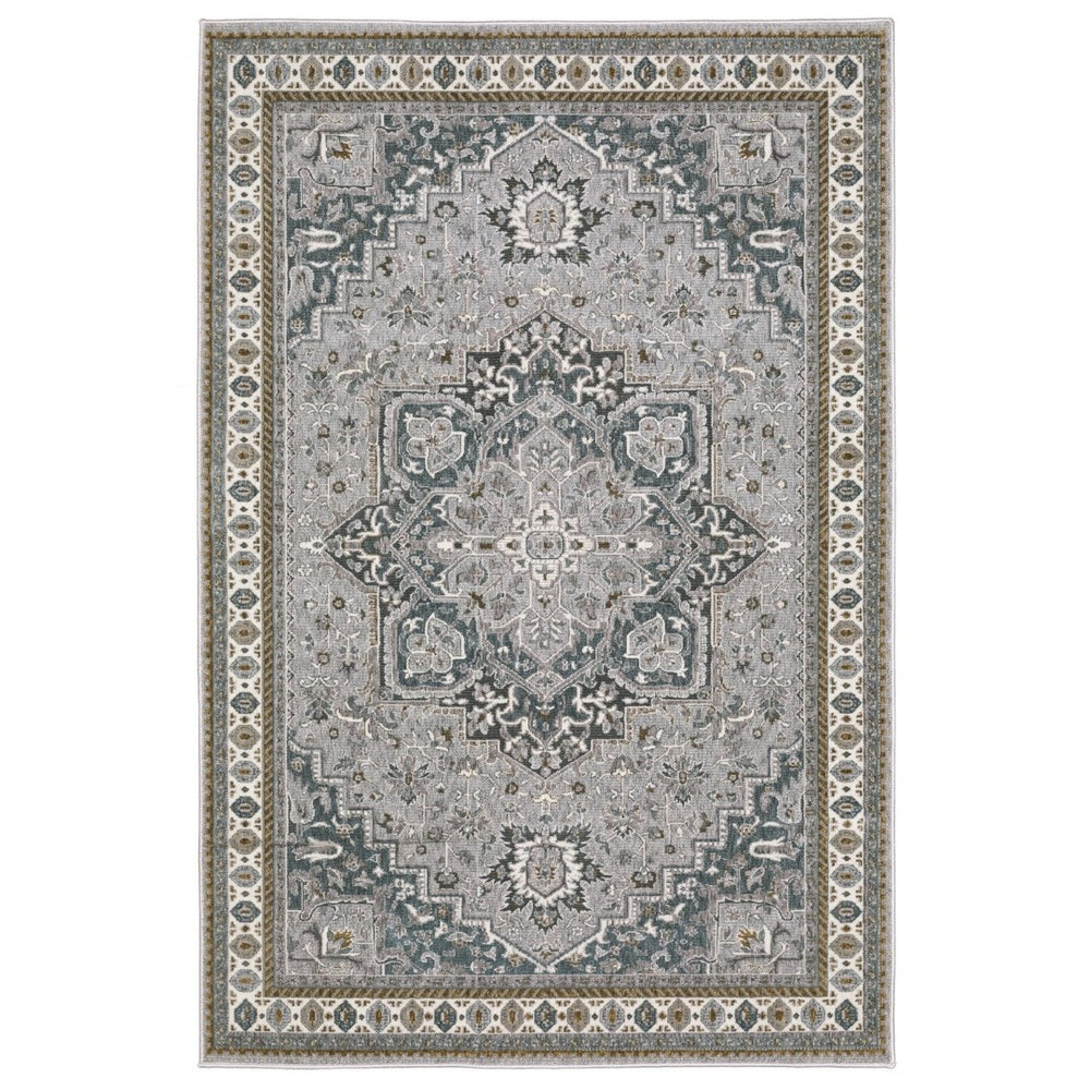 HomeRoots 5' Classic Brown and Blue Medallion Area Rug - Durable, Stain-Resistant Design for High-Traffic Areas 4' X 6' 574785