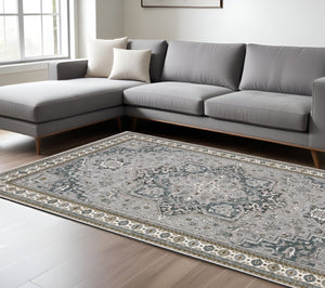 HomeRoots 5' Classic Brown and Blue Medallion Area Rug - Durable, Stain-Resistant Design for High-Traffic Areas 7' X 10' 574786