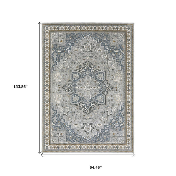 HomeRoots 5' Classic Brown and Blue Medallion Area Rug - Durable, Stain-Resistant Design for High-Traffic Areas 8' X 11' 574787