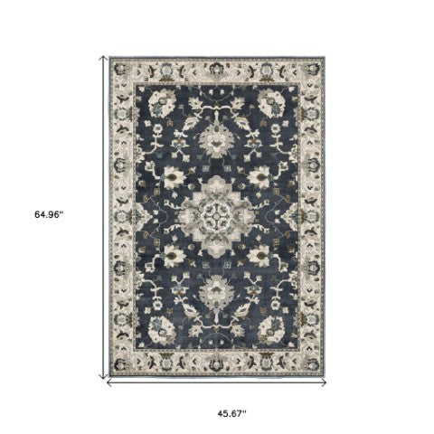 Homeroots 5' Blue Oriental Area Rug - Stylish, Stain Resistant Living Room Essential For Kids And Pets 4' X 6' Polyester 574806