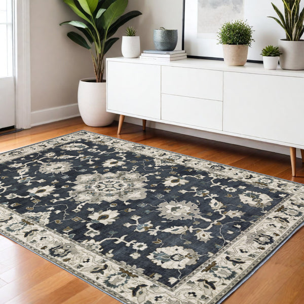 Homeroots 5' Blue Oriental Area Rug - Stylish, Stain Resistant Living Room Essential For Kids And Pets 4' X 6' Polyester 574806