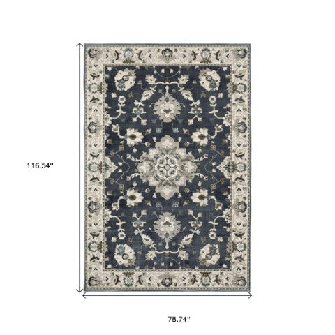 Homeroots 5' Blue Oriental Area Rug - Stylish, Stain Resistant Living Room Essential For Kids And Pets 7' X 10' Polyester 574807