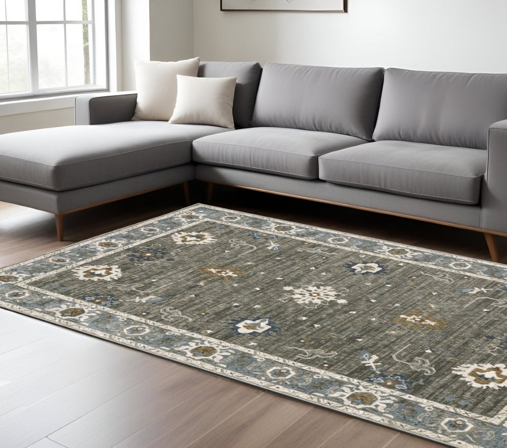 HomeRoots 5' Elegant Blue, Ivory & Gray Oriental Area Rug - Durable, Stylish Design for Any Living Space 7' X 10' 574812