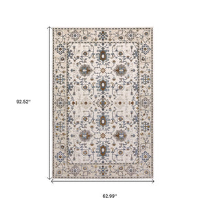 HomeRoots 5' Elegant Ivory Oriental Area Rug with Burnt Orange and Blue Accents - Stain & Fade Resistant 5' X 8' 574814