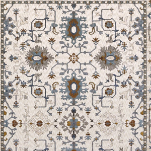 HomeRoots 5' Elegant Ivory Oriental Area Rug with Burnt Orange and Blue Accents - Stain & Fade Resistant 5' X 8' 574814