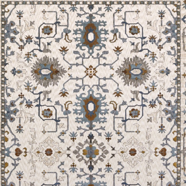 HomeRoots 5' Elegant Ivory Oriental Area Rug with Burnt Orange and Blue Accents - Stain & Fade Resistant 5' X 8' 574814