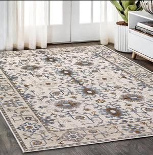 HomeRoots 5' Elegant Ivory Oriental Area Rug with Burnt Orange and Blue Accents - Stain & Fade Resistant 5' X 8' 574814