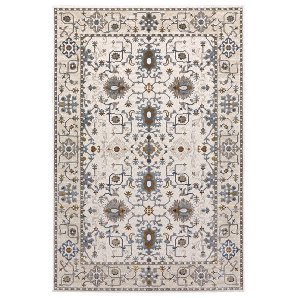 HomeRoots 5' Elegant Ivory Oriental Area Rug with Burnt Orange and Blue Accents - Stain & Fade Resistant 5' X 8' 574814