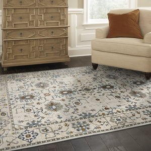 HomeRoots 5' Elegant Ivory Oriental Area Rug with Burnt Orange and Blue Accents - Stain & Fade Resistant 5' X 8' 574814