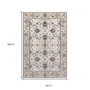 HomeRoots 5' Elegant Ivory Oriental Area Rug with Burnt Orange and Blue Accents - Stain & Fade Resistant 10' X 13' 574815