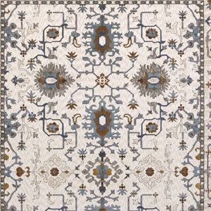 HomeRoots 5' Elegant Ivory Oriental Area Rug with Burnt Orange and Blue Accents - Stain & Fade Resistant 10' X 13' 574815