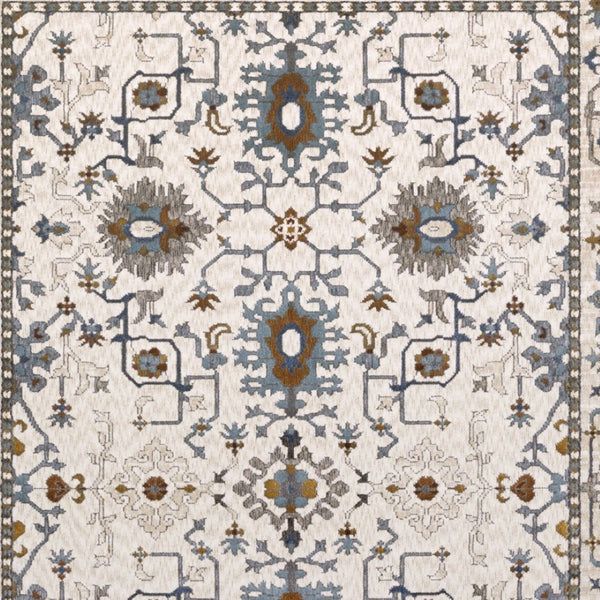 HomeRoots 5' Elegant Ivory Oriental Area Rug with Burnt Orange and Blue Accents - Stain & Fade Resistant 10' X 13' 574815