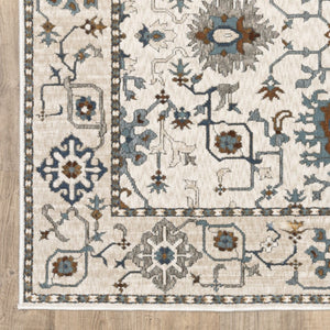 HomeRoots 5' Elegant Ivory Oriental Area Rug with Burnt Orange and Blue Accents - Stain & Fade Resistant 10' X 13' 574815