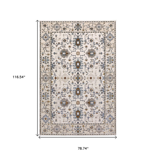 HomeRoots 5' Elegant Ivory Oriental Area Rug with Burnt Orange and Blue Accents - Stain & Fade Resistant 7' X 10' 574817