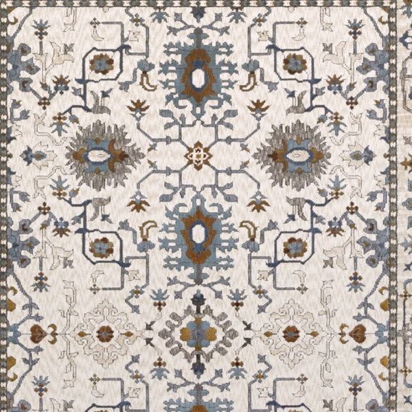 HomeRoots 5' Elegant Ivory Oriental Area Rug with Burnt Orange and Blue Accents - Stain & Fade Resistant 7' X 10' 574817