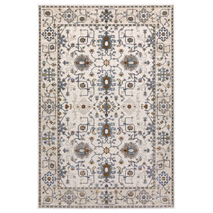 HomeRoots 5' Elegant Ivory Oriental Area Rug with Burnt Orange and Blue Accents - Stain & Fade Resistant 7' X 10' 574817