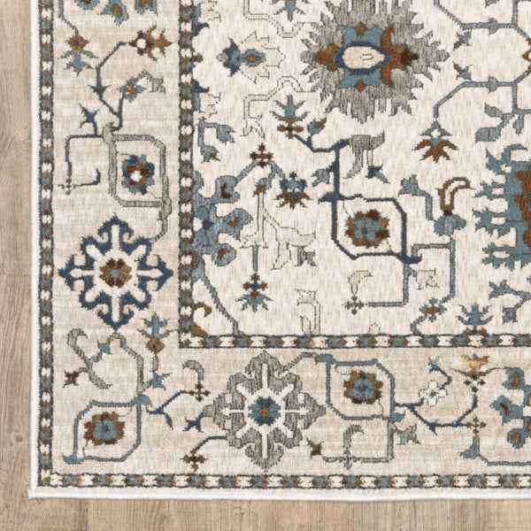 HomeRoots 5' Elegant Ivory Oriental Area Rug with Burnt Orange and Blue Accents - Stain & Fade Resistant 7' X 10' 574817