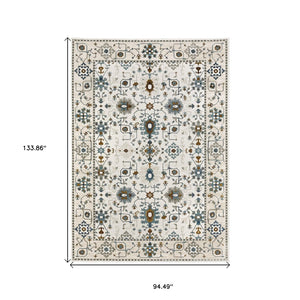 HomeRoots 5' Elegant Ivory Oriental Area Rug with Burnt Orange and Blue Accents - Stain & Fade Resistant 8' X 11' 574818