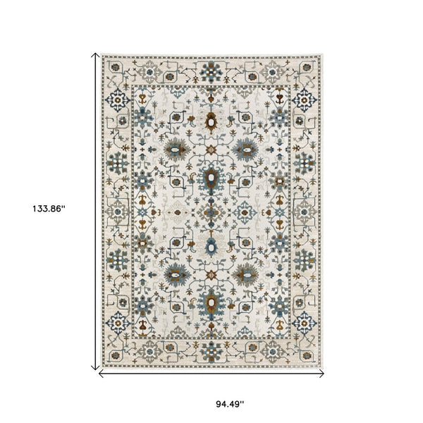 HomeRoots 5' Elegant Ivory Oriental Area Rug with Burnt Orange and Blue Accents - Stain & Fade Resistant 8' X 11' 574818