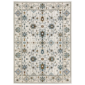 HomeRoots 5' Elegant Ivory Oriental Area Rug with Burnt Orange and Blue Accents - Stain & Fade Resistant 8' X 11' 574818