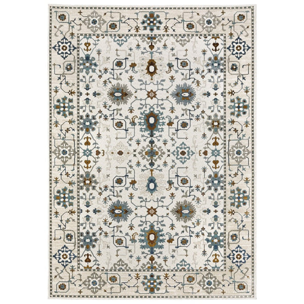 HomeRoots 5' Elegant Ivory Oriental Area Rug with Burnt Orange and Blue Accents - Stain & Fade Resistant 8' X 11' 574818