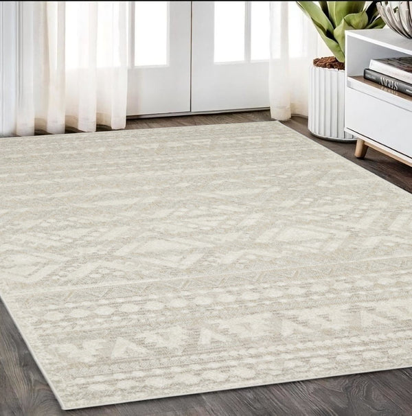 HomeRoots 5' Beige and Ivory Tribal Area Rug - Durable, Stain-Resistant Design for Stylish Living Spaces 5' X 8' 574819
