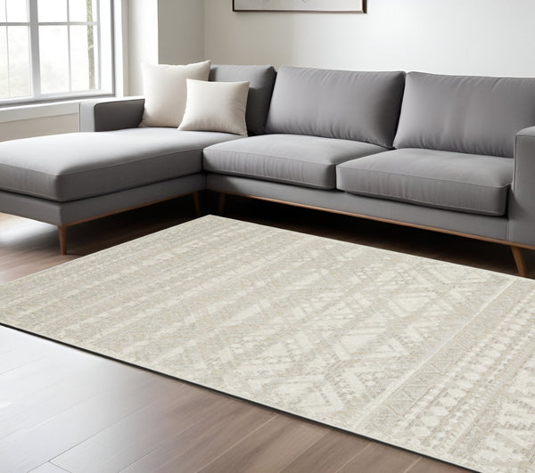 HomeRoots 5' Beige and Ivory Tribal Area Rug - Durable, Stain-Resistant Design for Stylish Living Spaces 7' X 10' 574821