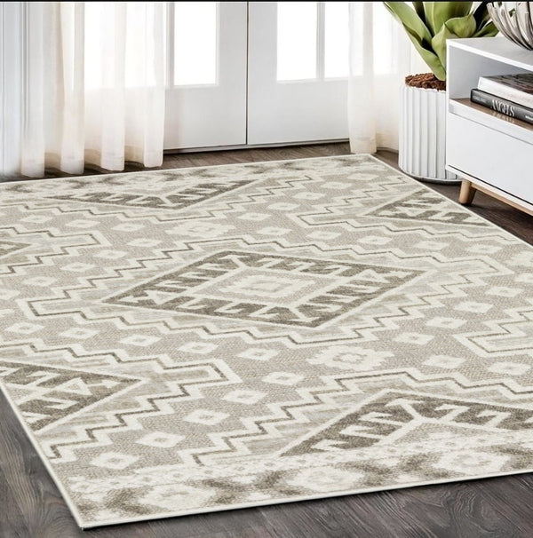 HomeRoots 5' Chic Beige and Brown Tribal Area Rug - Durable, Stain-Resistant Design for Any Stylish Space 5' X 8' 574827