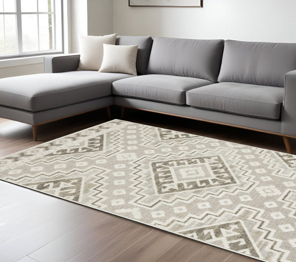 HomeRoots 5' Chic Beige and Brown Tribal Area Rug - Durable, Stain-Resistant Design for Any Stylish Space 7' X 10' 574829