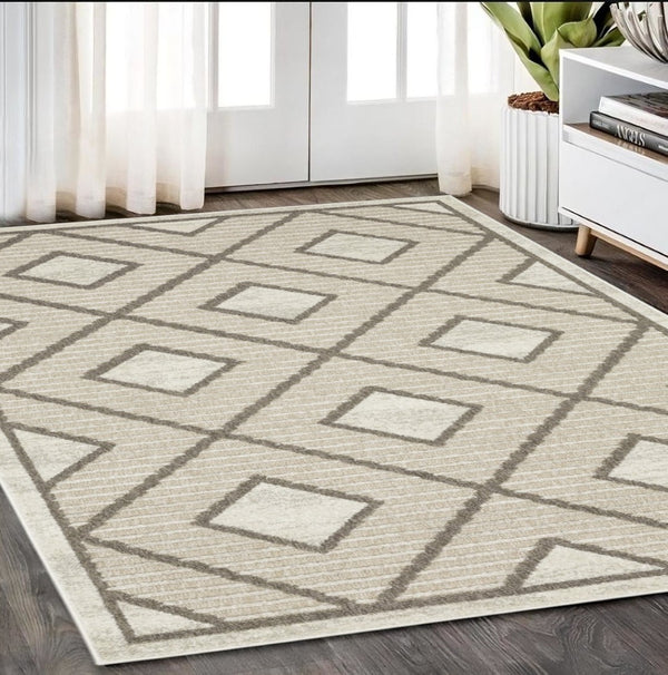 HomeRoots 5' Stylish Beige and Brown Geometric Area Rug – Modern, Stain-Resistant, Durable for Everyday Living 5' X 8' 574831